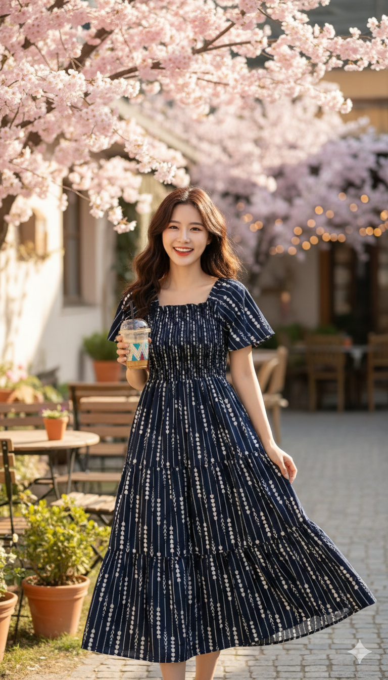 Cherry Petal Grace Dress - Navy blue