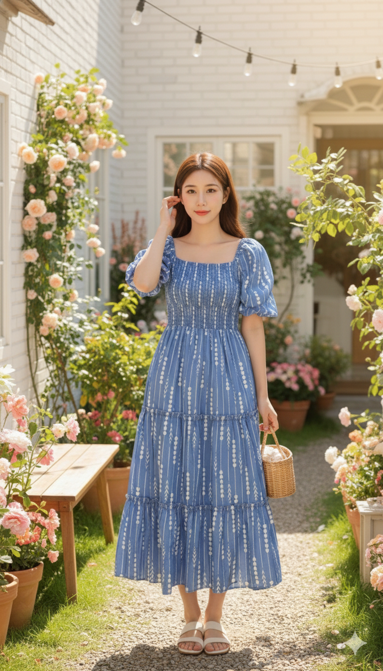 Cherry Petal Grace Dress - Blue