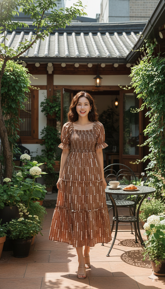 Cherry Petal Grace Dress - Brown